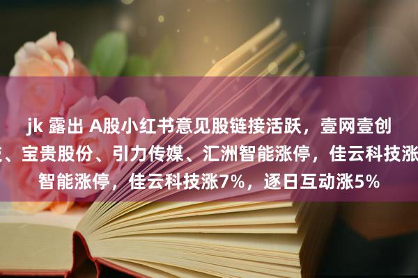 jk 露出 A股小红书意见股链接活跃，壹网壹创涨超16%，远看科技、宝贵股份、引力传媒、汇洲智能涨停，佳云科技涨7%，逐日互动涨5%